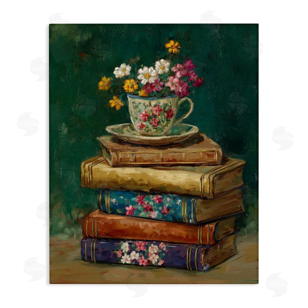 Ziwei Li Antique Books with Teacup Stretched Canvas Wall Art Print