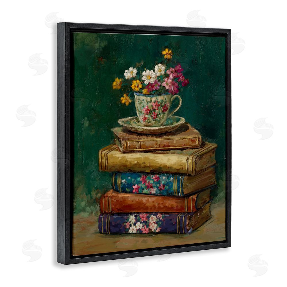 Ziwei Li Antique Books with Teacup Black Floating Frame Canvas Wall Art Print