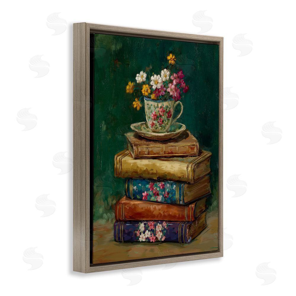 Ziwei Li Antique Books with Teacup Brown Floating Frame Canvas Wall Art Print