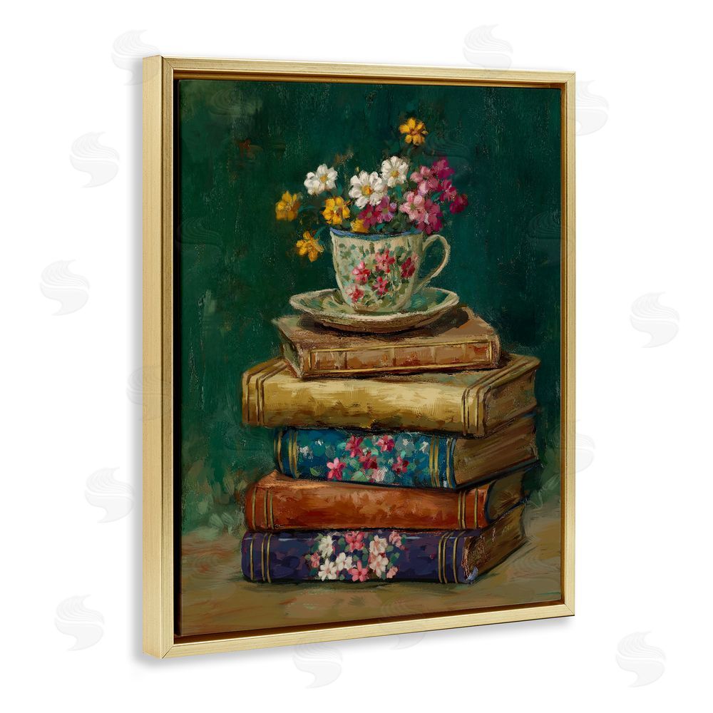 Ziwei Li Antique Books with Teacup Gold Floating Frame Canvas Wall Art Print
