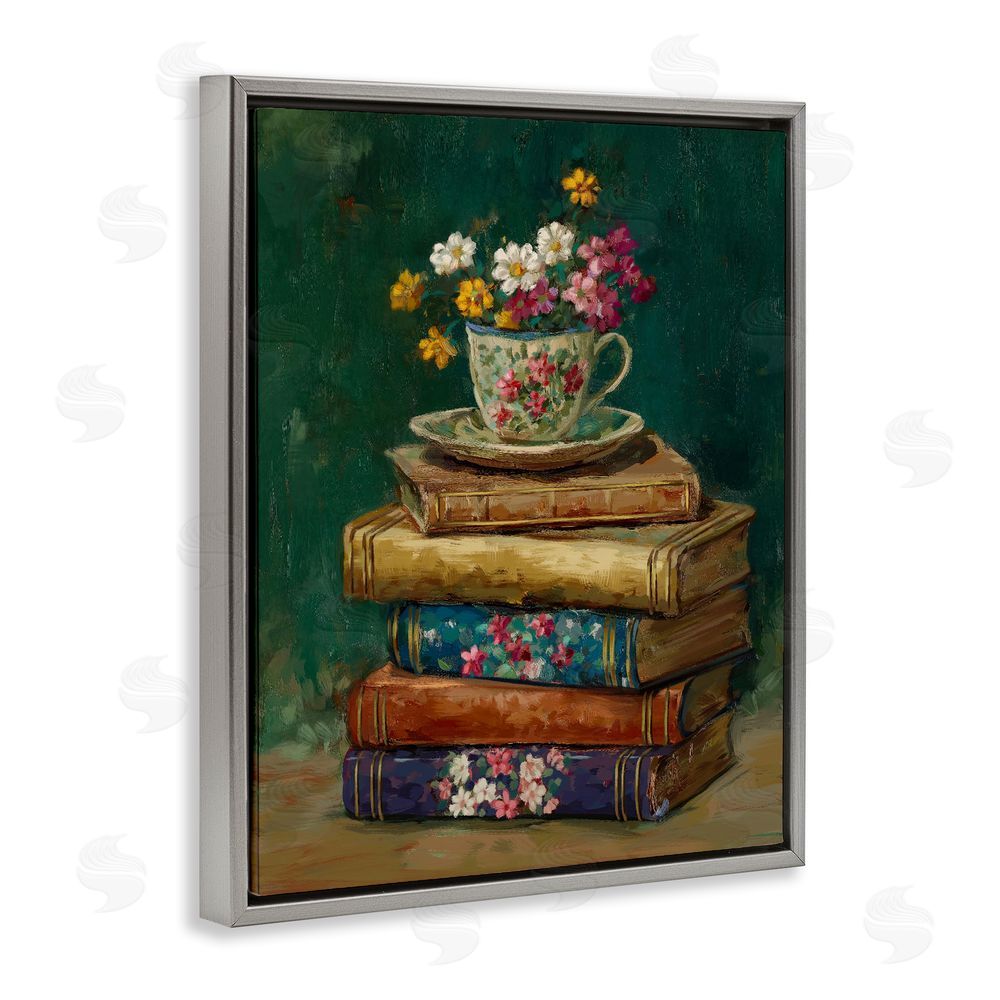 Ziwei Li Antique Books with Teacup Gray Floating Frame Canvas Wall Art Print