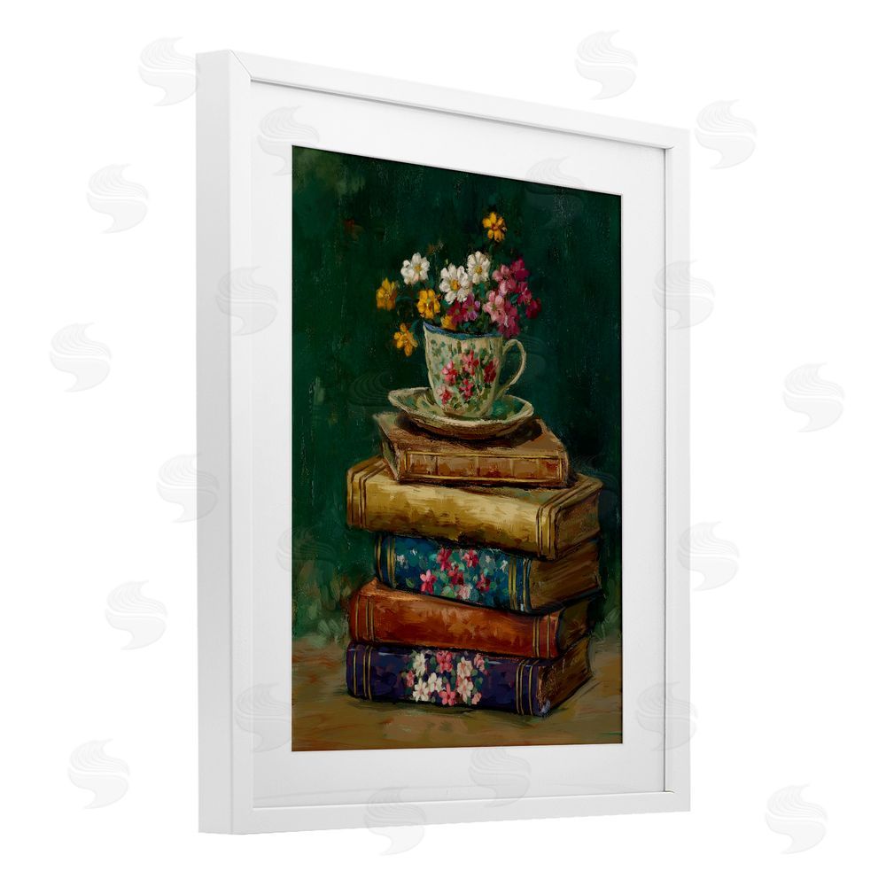 Ziwei Li Antique Books with Teacup White Framed Print Under Glass Wall Art