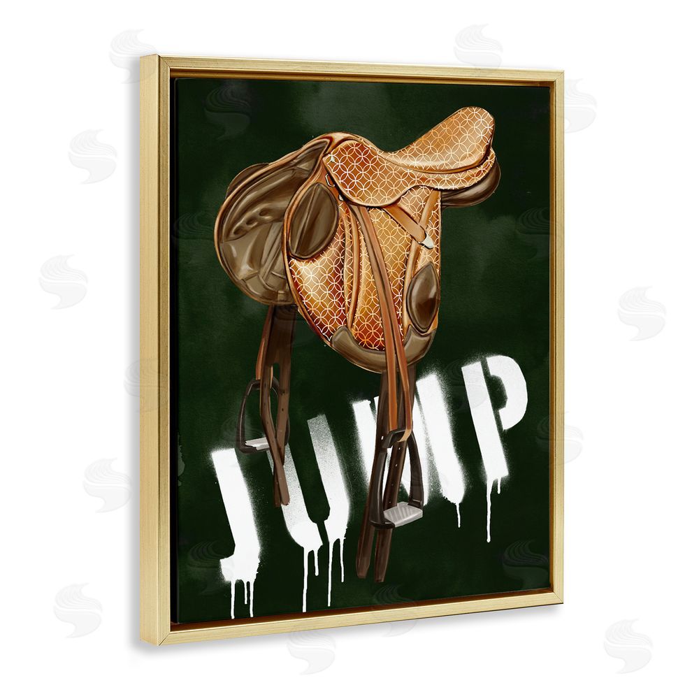 Ziwei Li Leather Saddle with Jump Spraypaint Gold Floating Frame Canvas Wall Art Print