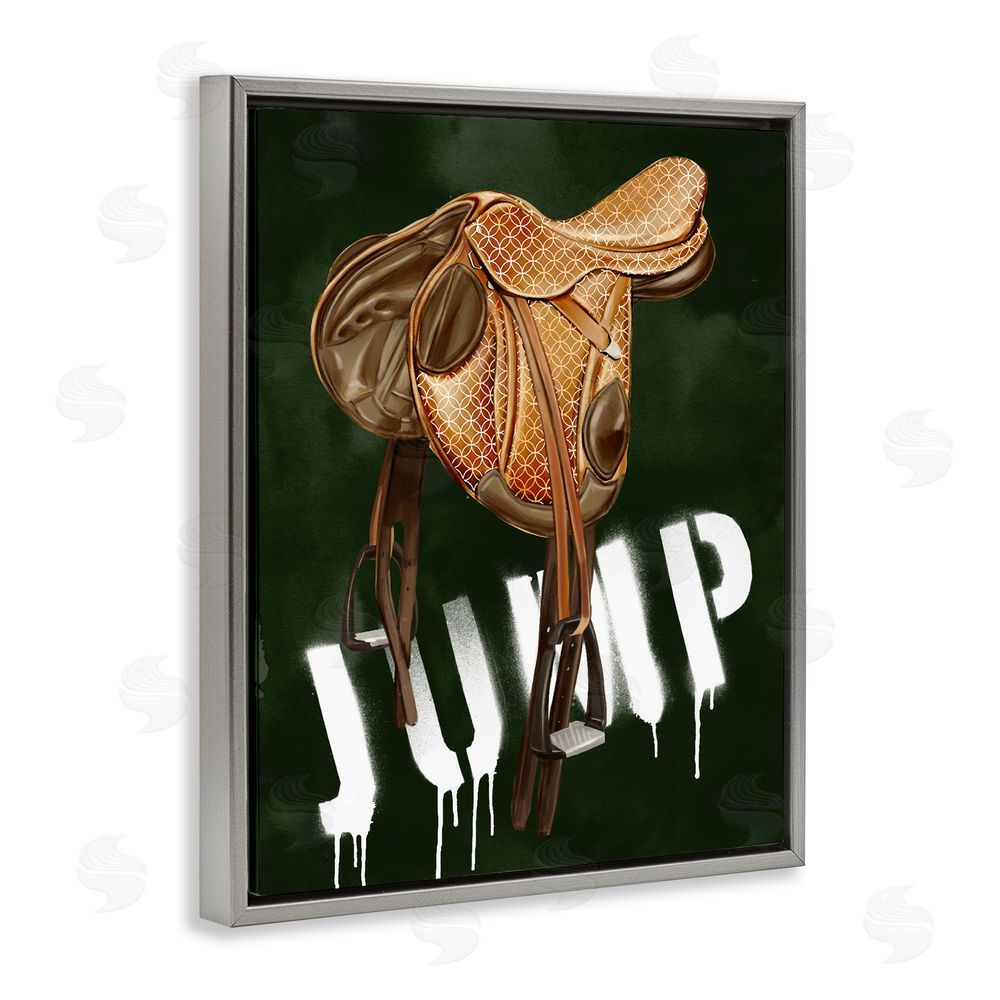 Ziwei Li Leather Saddle with Jump Spraypaint Gray Floating Frame Canvas Wall Art Print