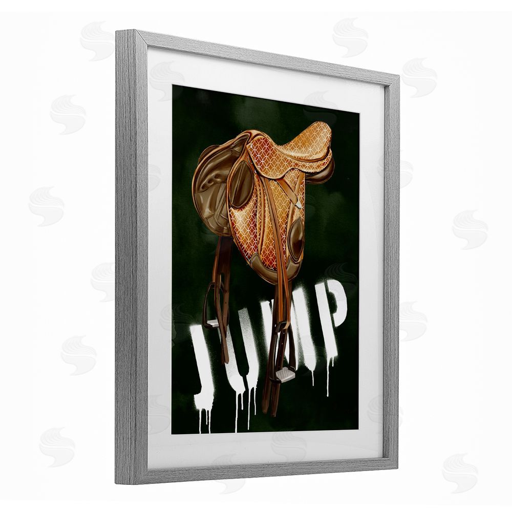 Ziwei Li Leather Saddle with Jump Spraypaint Gray Framed Print Under Glass Wall Art
