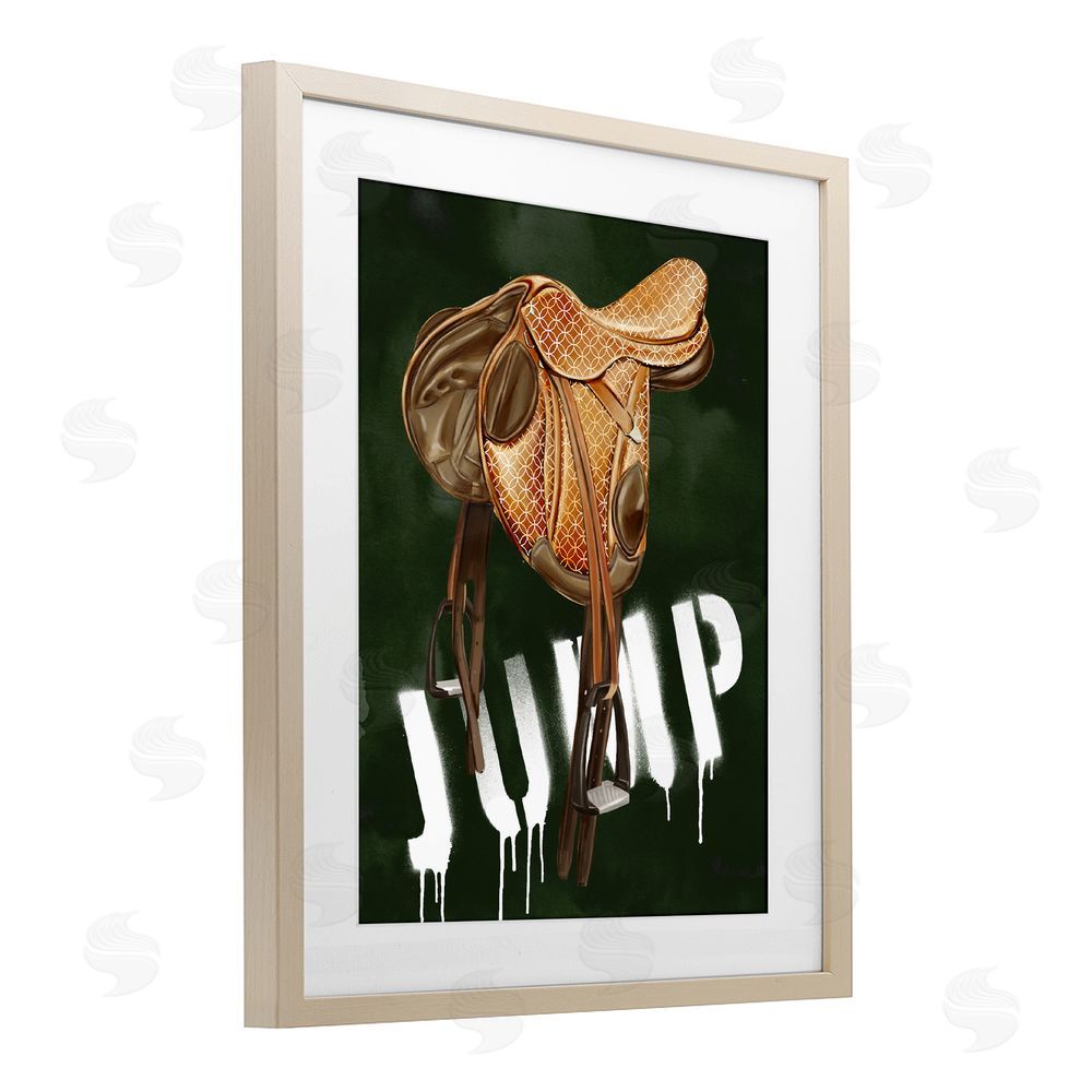 Ziwei Li Leather Saddle with Jump Spraypaint Brown Framed Print Under Glass Wall Art