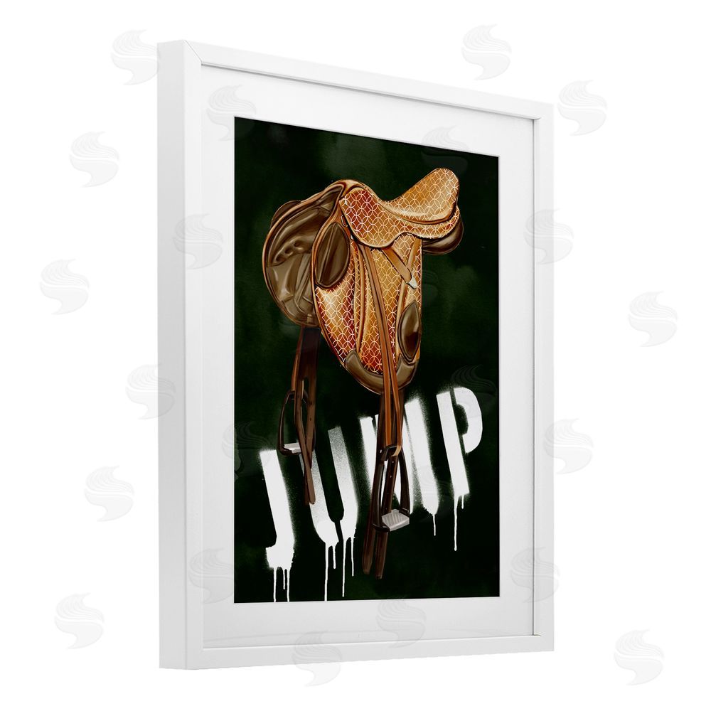 Ziwei Li Leather Saddle with Jump Spraypaint White Framed Print Under Glass Wall Art
