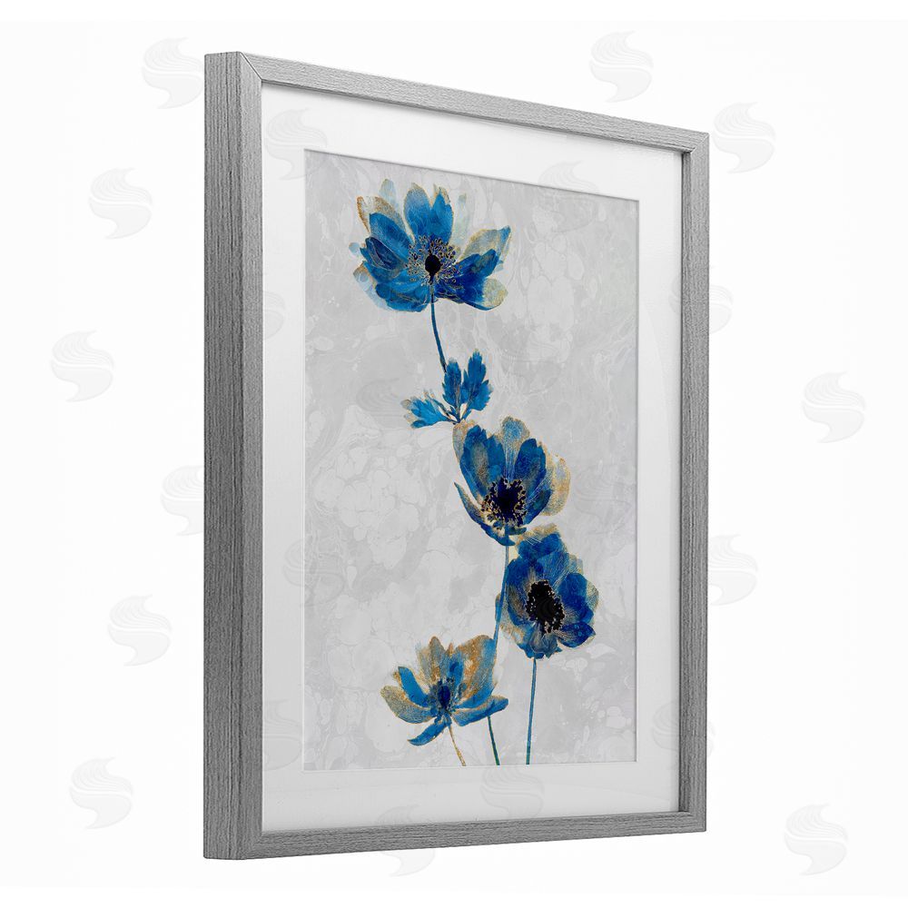 Ziwei Li Gilded Blue Anemone Blooms Gray Framed Print Under Glass Wall Art
