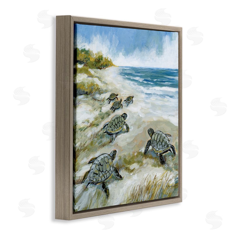 Susan Winget Baby Sea Turtles on Beach Brown Floating Frame Canvas Wall Art Print