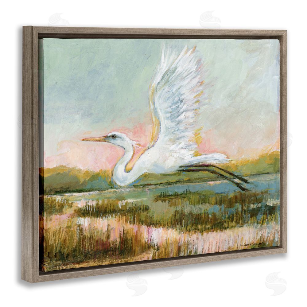 Susan Winget White Heron Flying Brown Floating Frame Canvas Wall Art Print
