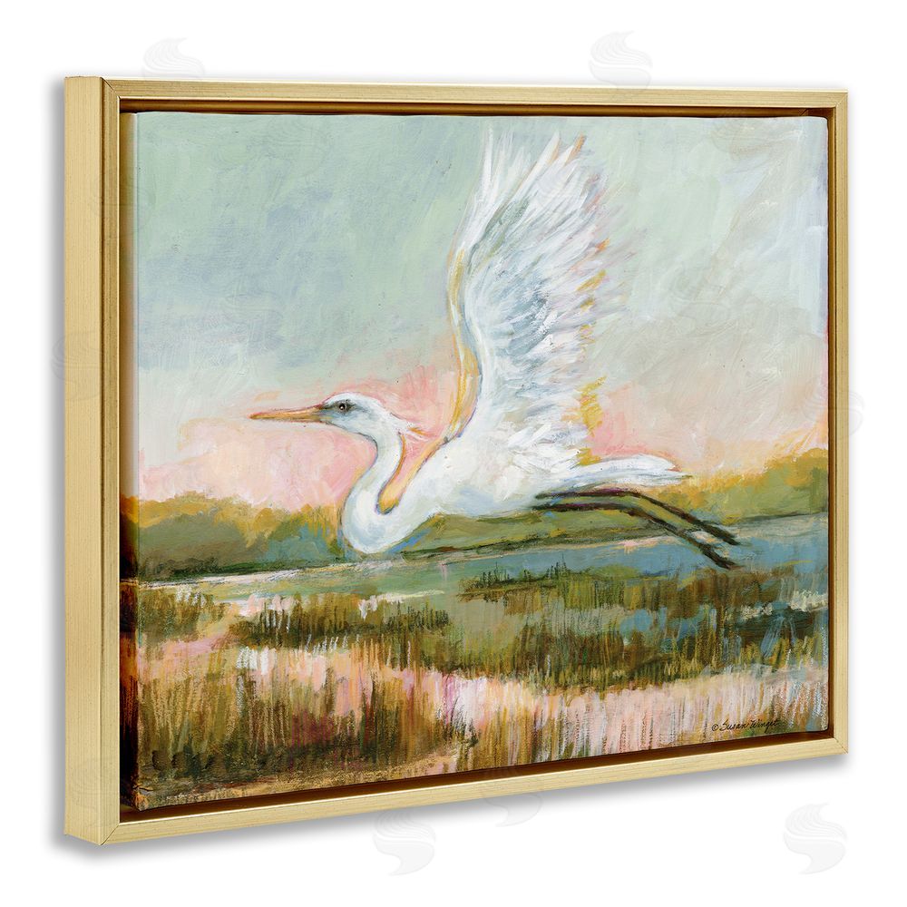 Susan Winget White Heron Flying Gold Floating Frame Canvas Wall Art Print