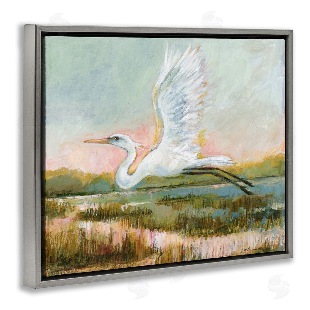 Susan Winget White Heron Flying Gray Floating Frame Canvas Wall Art Print
