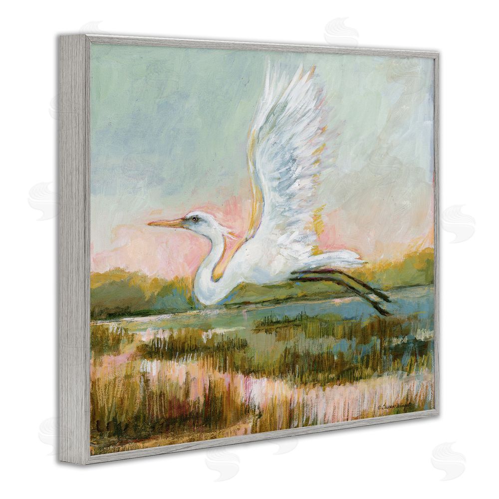 Susan Winget White Heron Flying Gray Framed Giclee Wall Art Print
