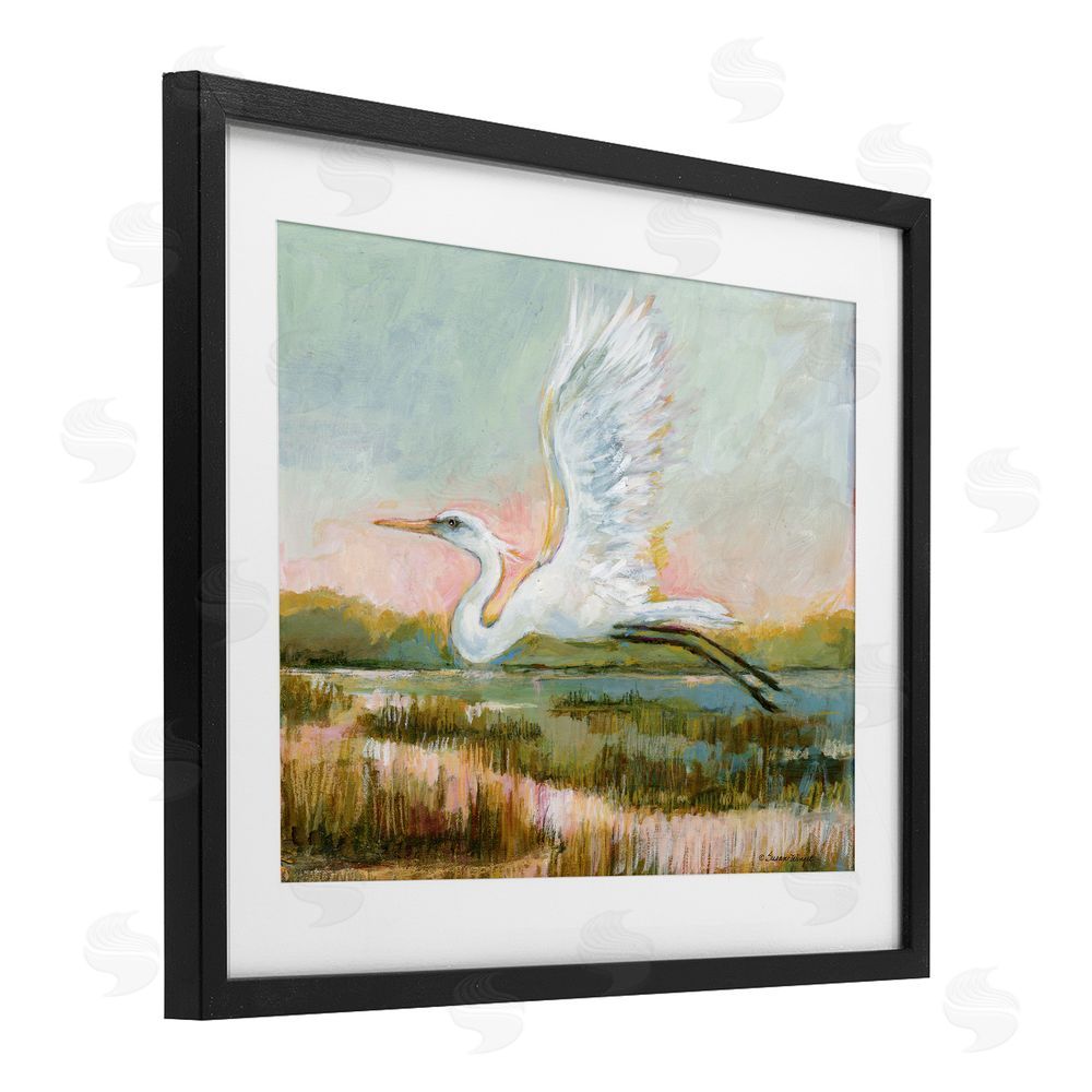 Susan Winget White Heron Flying Black Framed Print Under Glass Wall Art