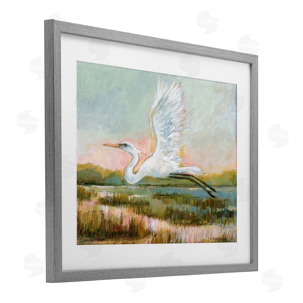 Susan Winget White Heron Flying Gray Framed Print Under Glass Wall Art