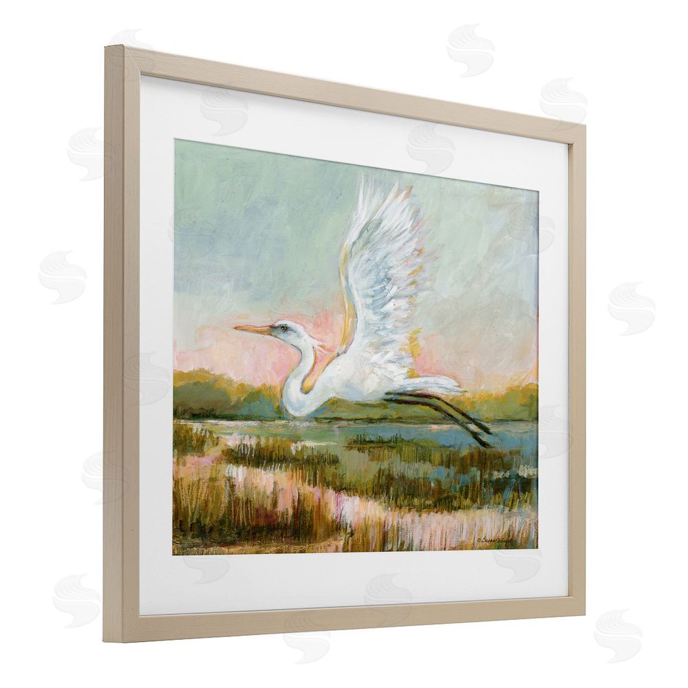 Susan Winget White Heron Flying Brown Framed Print Under Glass Wall Art