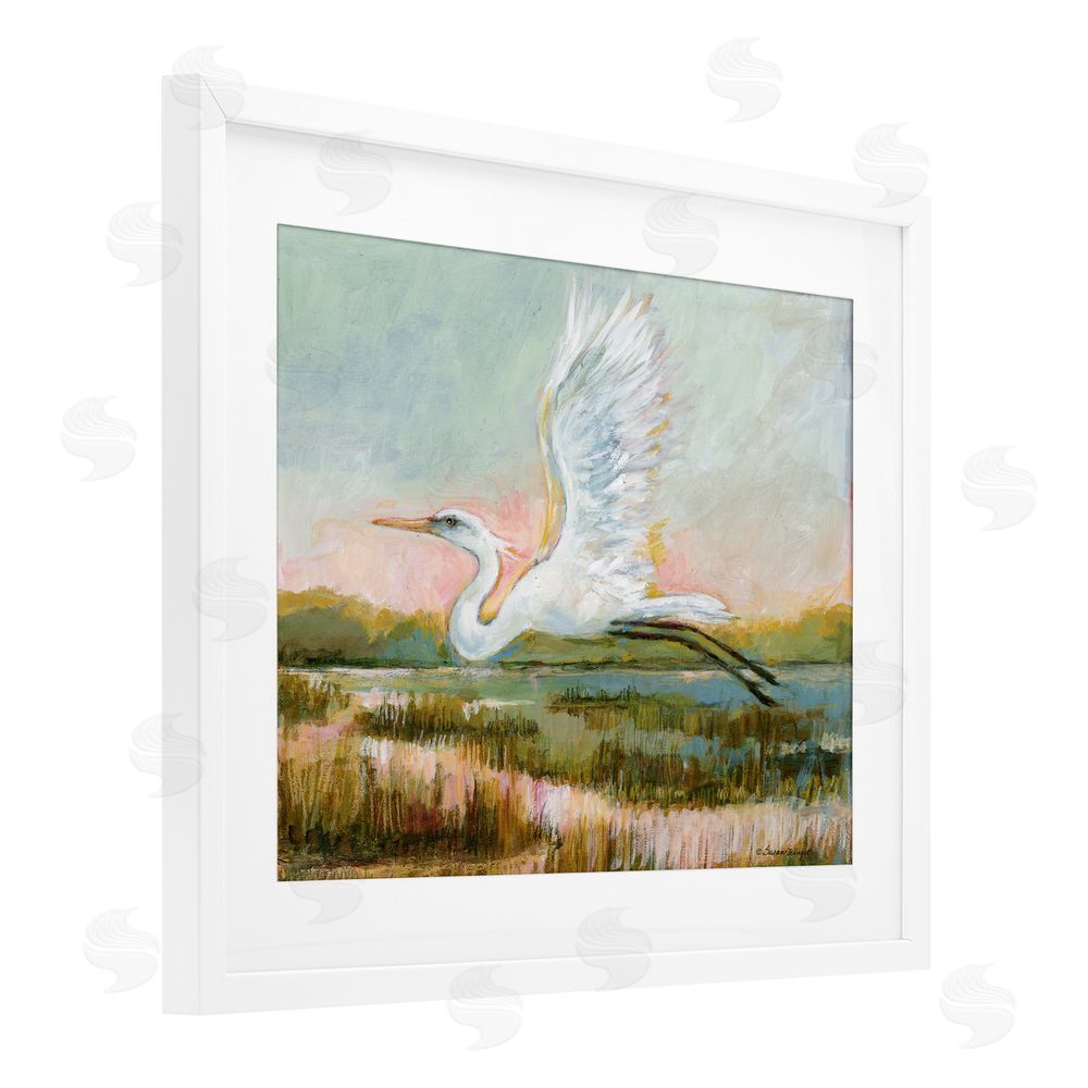 Susan Winget White Heron Flying White Framed Print Under Glass Wall Art