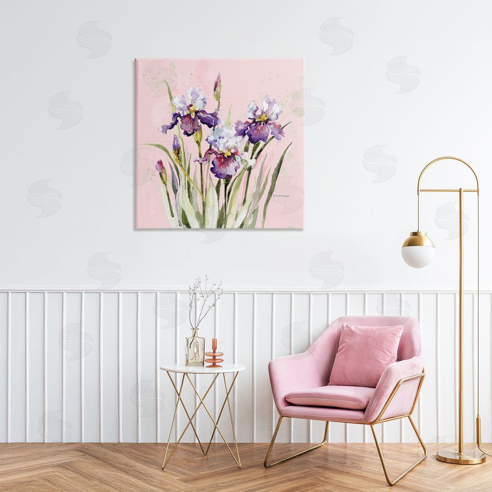 Susan Winget Purple Irises on Pink Stretched Canvas Wall Art in Room
