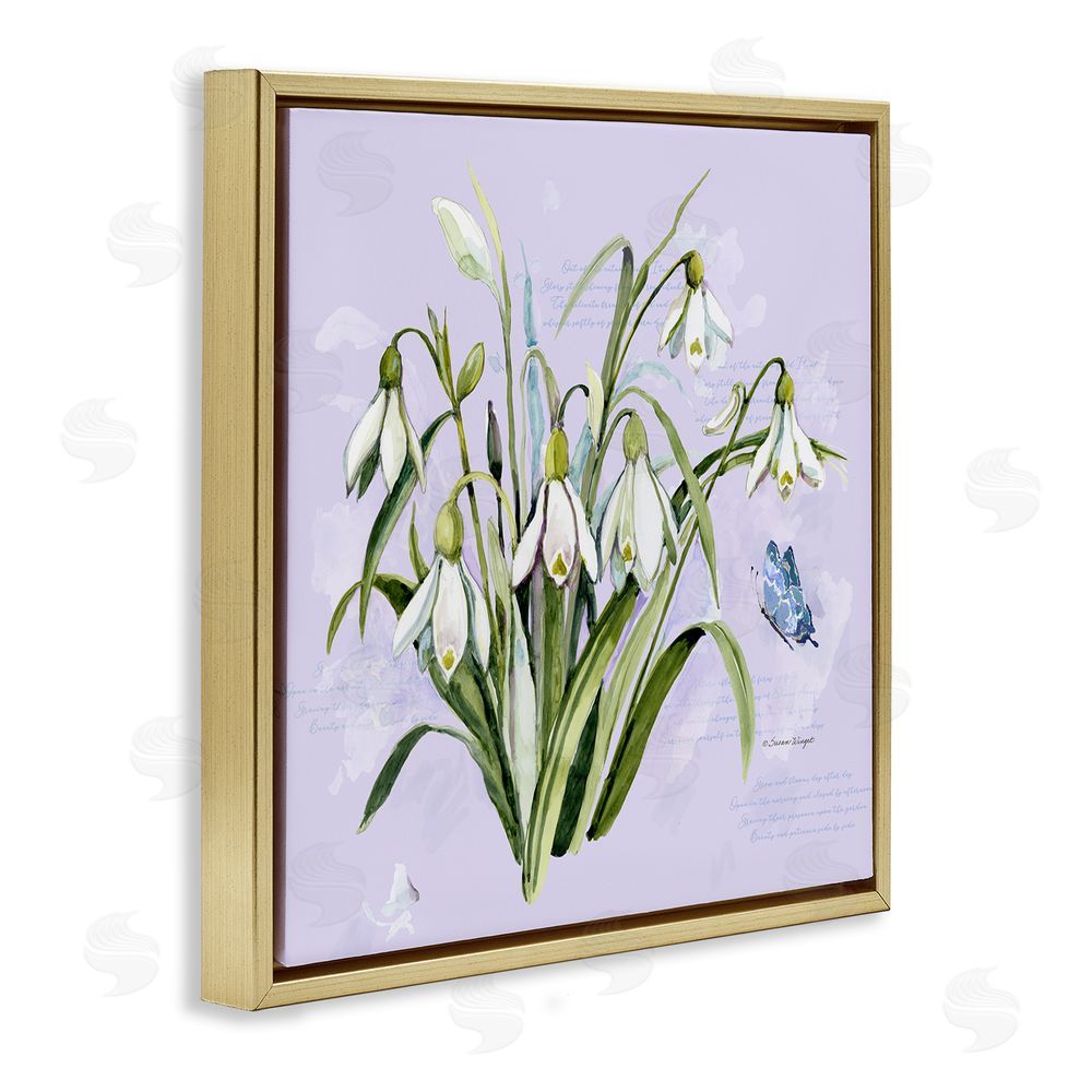 Susan Winget Snowdrops with Vintage Writings Gold Floating Frame Canvas Wall Art Print