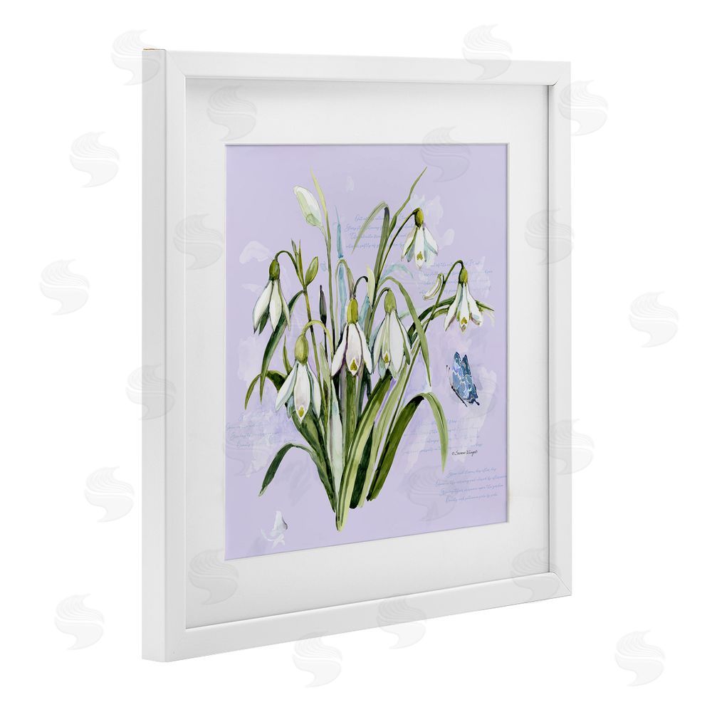 Susan Winget Snowdrops with Vintage Writings White Framed Print Under Glass Wall Art