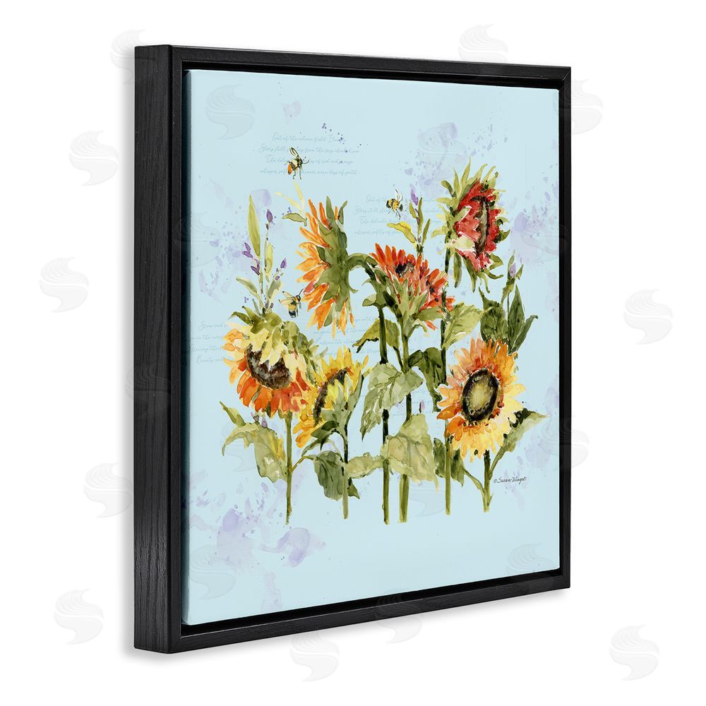 Susan Winget Sunflowers & Bee on Blue Black Floating Frame Canvas Wall Art Print