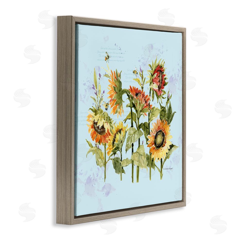 Susan Winget Sunflowers & Bee on Blue Brown Floating Frame Canvas Wall Art Print