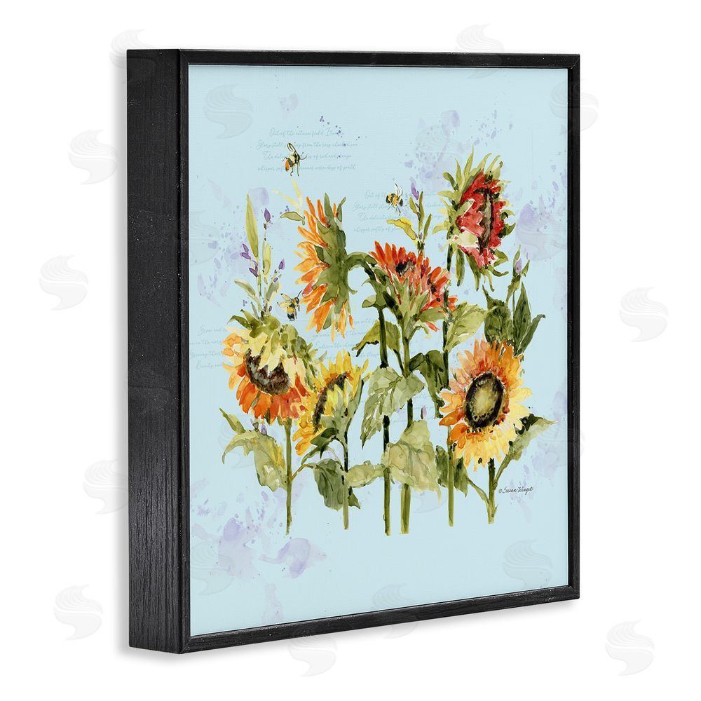 Susan Winget Sunflowers & Bee on Blue Black Framed Giclee Wall Art Print