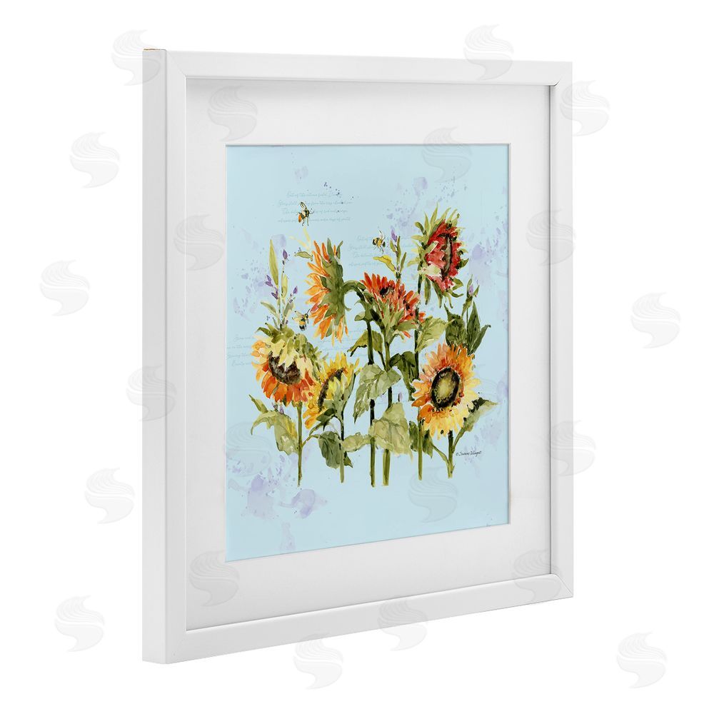 Susan Winget Sunflowers & Bee on Blue White Framed Print Under Glass Wall Art
