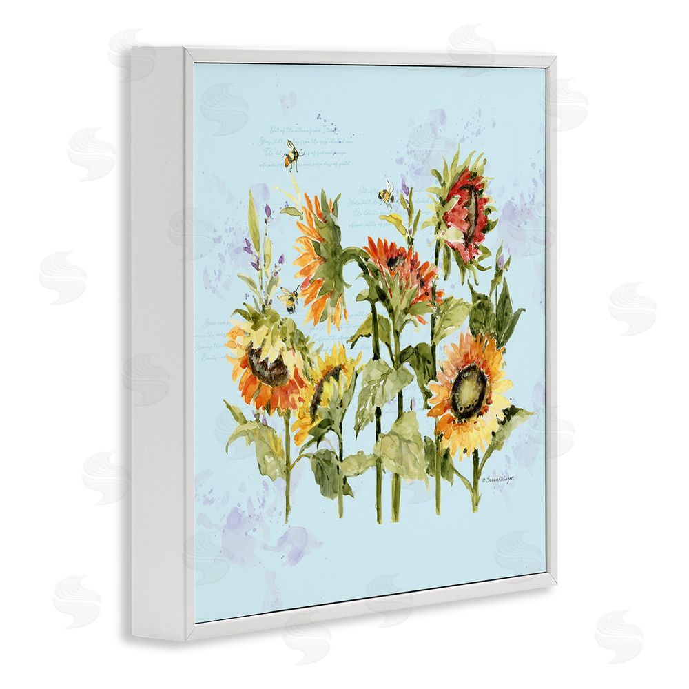 Susan Winget Sunflowers & Bee on Blue White Framed Giclee Wall Art Print