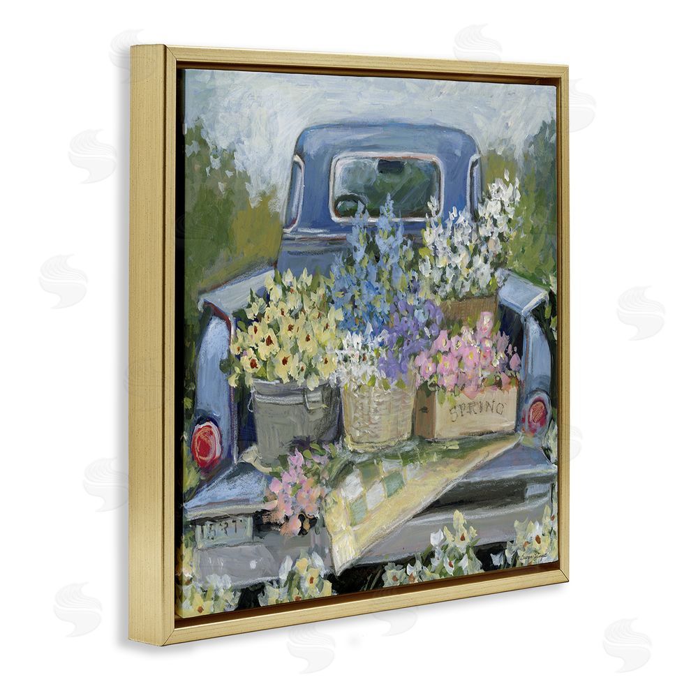 Susan Winget Truck Bed with Flowers Gold Floating Frame Canvas Wall Art Print