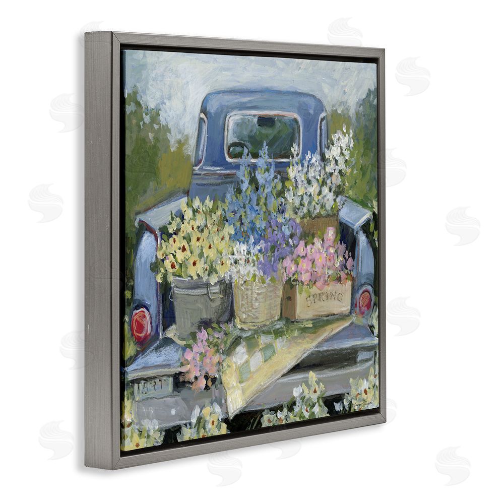 Susan Winget Truck Bed with Flowers Gray Floating Frame Canvas Wall Art Print