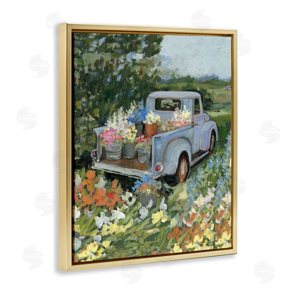 Susan Winget Truckin' Field with Flowers Gold Floating Frame Canvas Wall Art Print