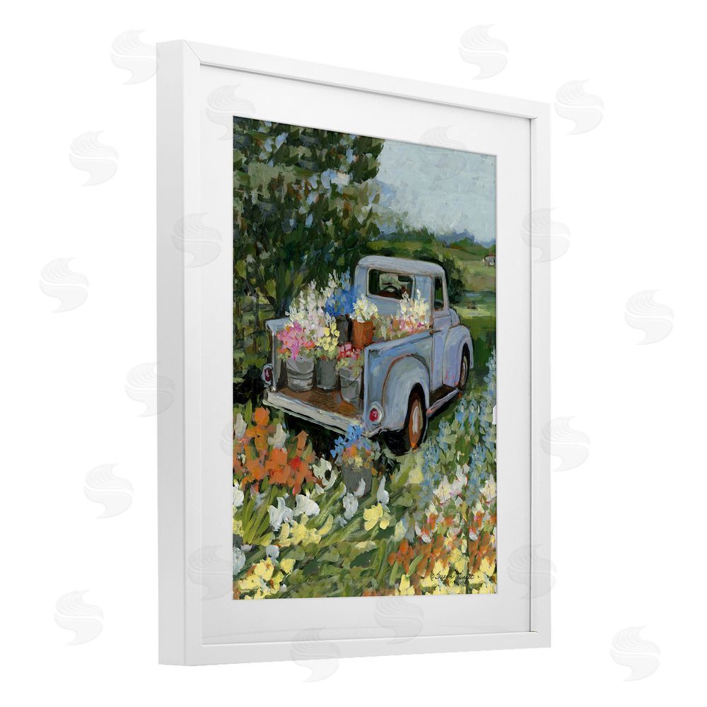 Susan Winget Truckin' Field with Flowers White Framed Print Under Glass Wall Art