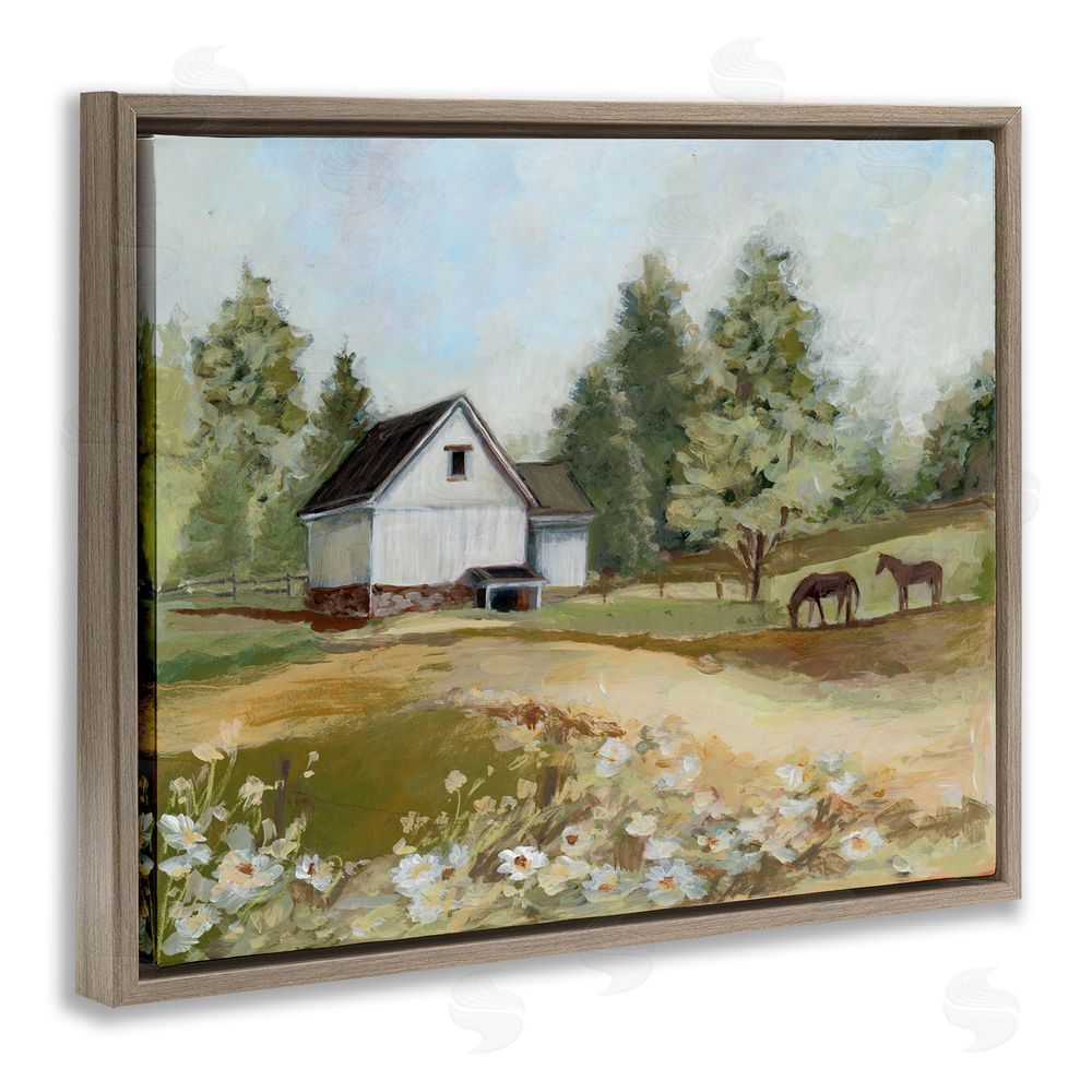 Susan Winget Barn Field Landscape Brown Floating Frame Stretched Canvas Wall Art Print
