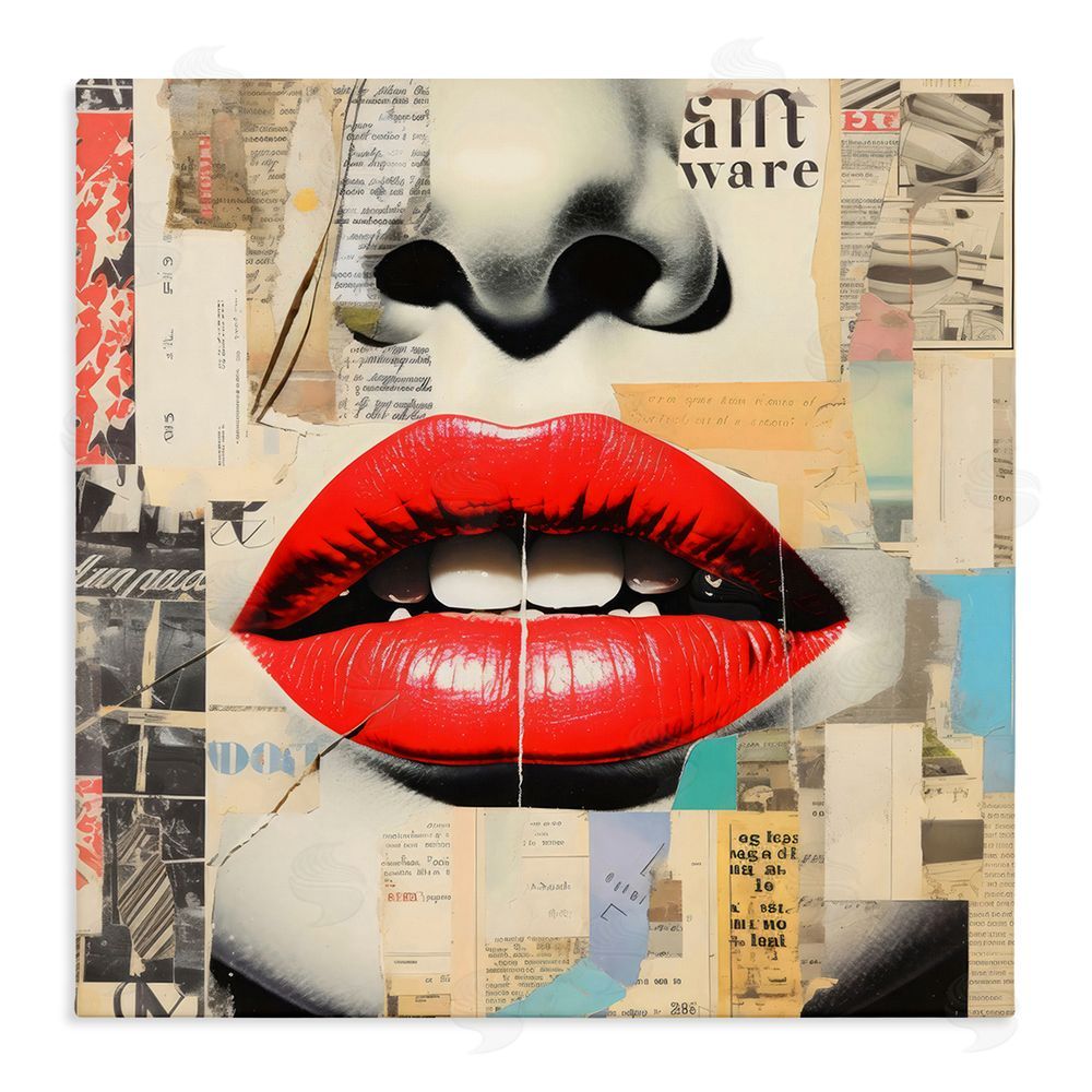 Creative Studio Fashion Collage with Scarlet Lips Stretched Canvas Wall Art