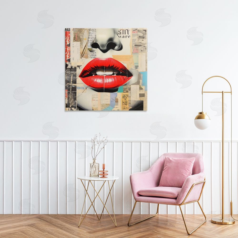 Creative Studio Fashion Collage with Scarlet Lips Stretched Canvas Wall Art in Room