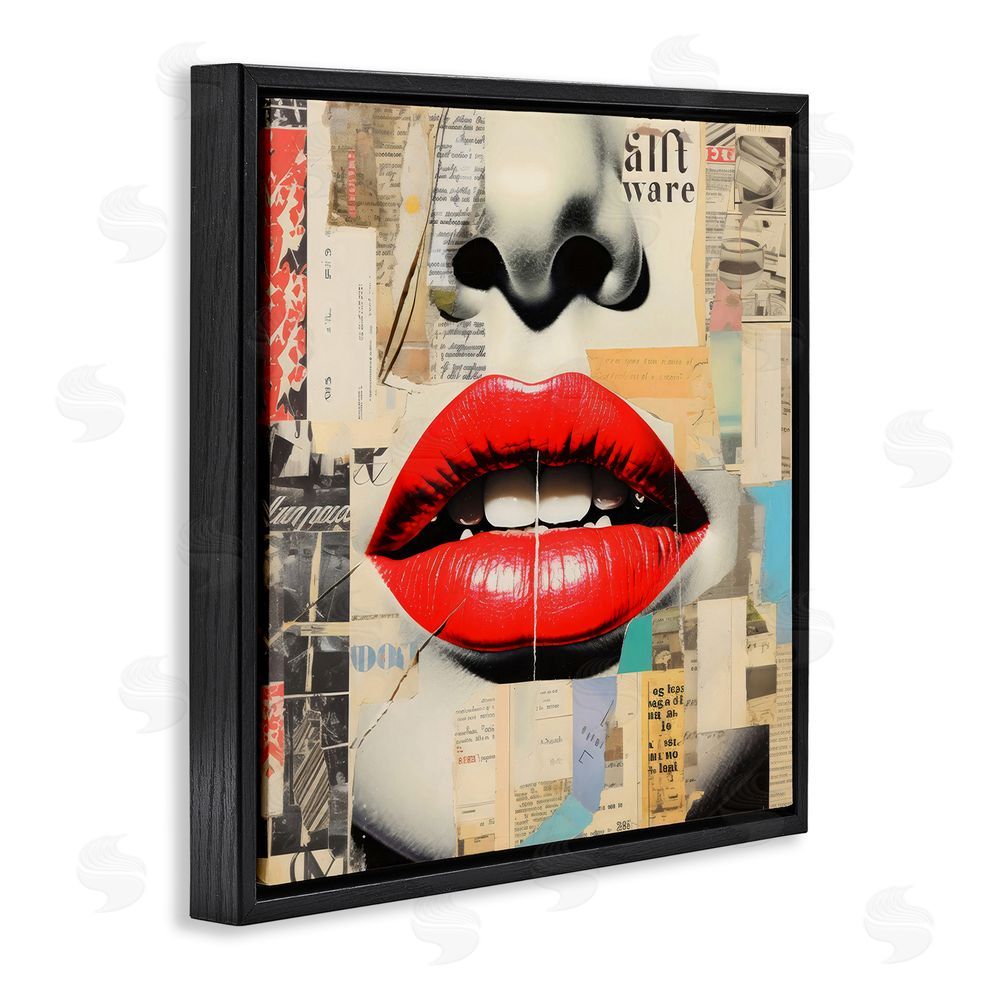 Creative Studio Fashion Collage with Scarlet Lips Black Floating Framed Canvas Wall Art