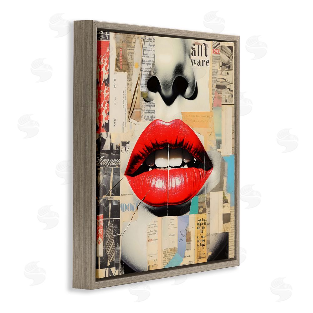 Creative Studio Fashion Collage with Scarlet Lips Brown Floating Framed Canvas Wall Art