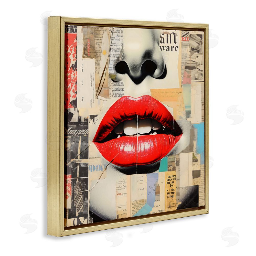Creative Studio Fashion Collage with Scarlet Lips Gold Floating Framed Canvas Wall Art