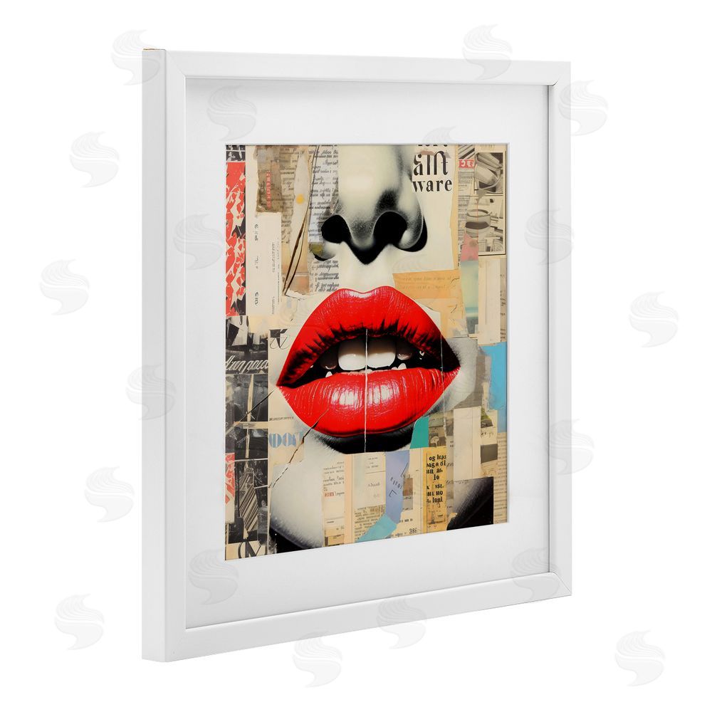 Creative Studio Fashion Collage with Scarlet Lips White Framed Print Under Glass Wall Art