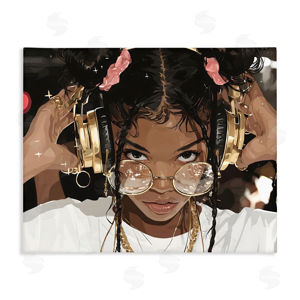 Franklyn Gregory Trendy Girl with Gold Headphones Stretched Canvas Wall Art Print