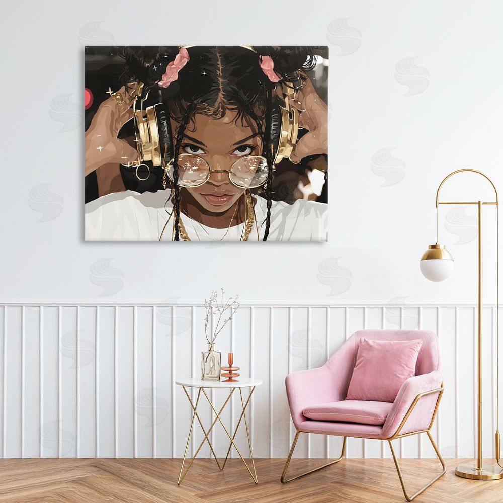 Franklyn Gregory Trendy Girl with Gold Headphones Stretched Canvas on Wall
