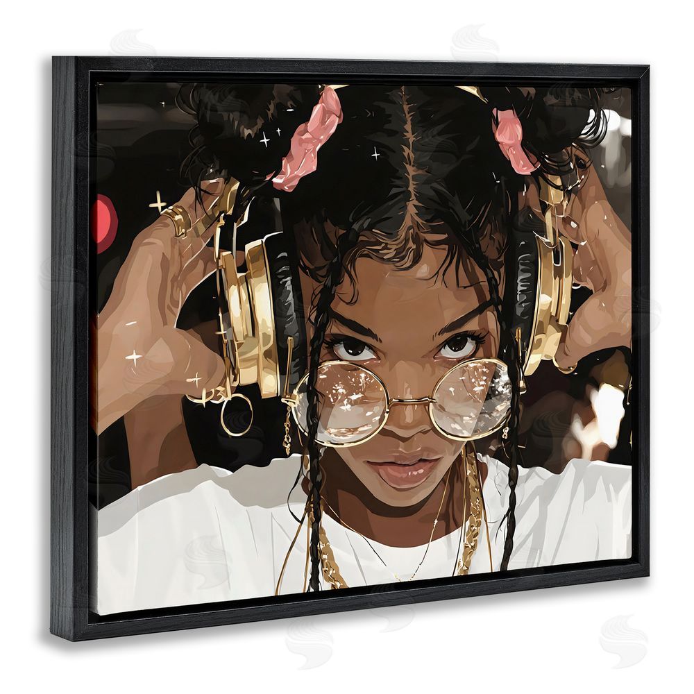 Franklyn Gregory Trendy Girl with Gold Headphones Black Floating Framed Canvas Wall Art Print