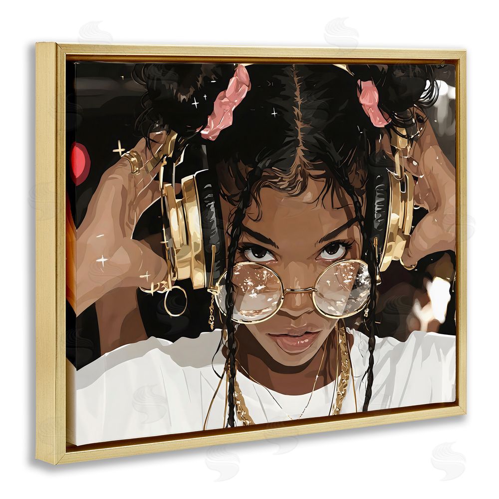 Franklyn Gregory Trendy Girl with Gold Headphones Gold Floating Framed Canvas Wall Art Print