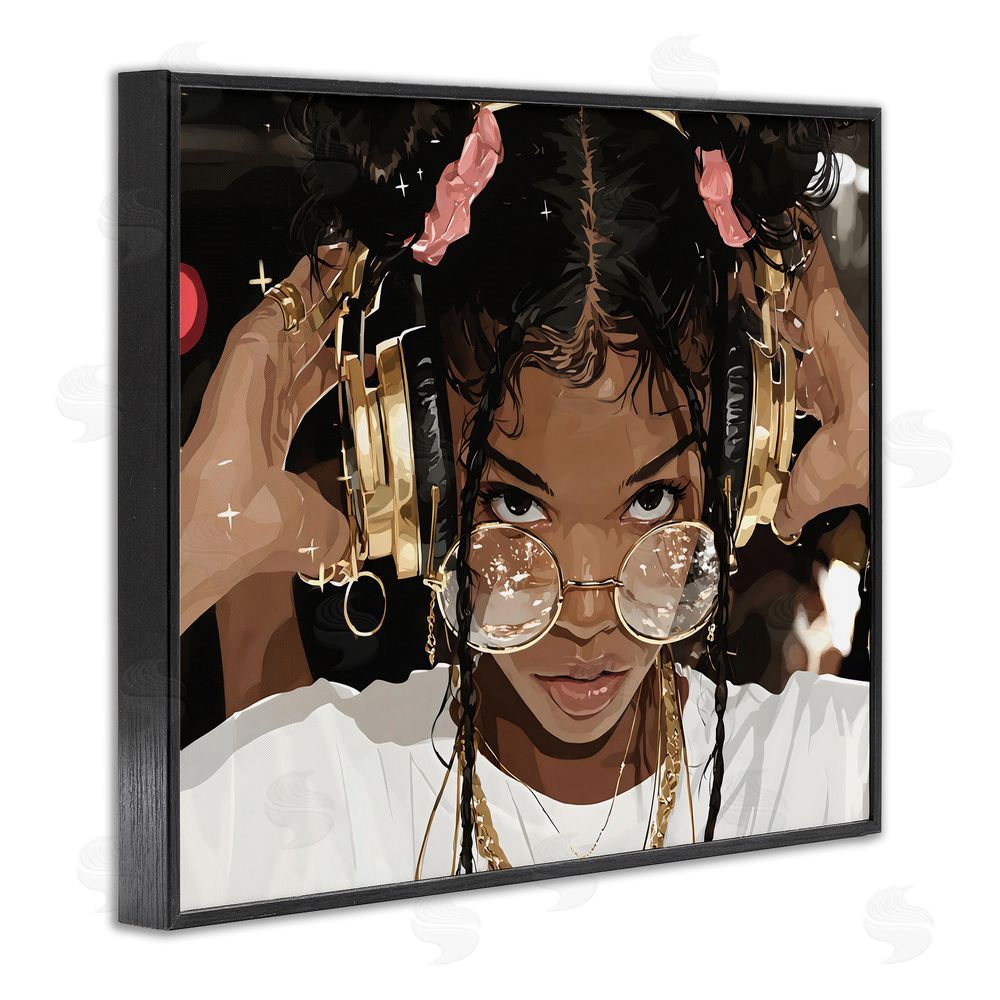 Franklyn Gregory Trendy Girl with Gold Headphones Black Framed Giclee Wall Art Print