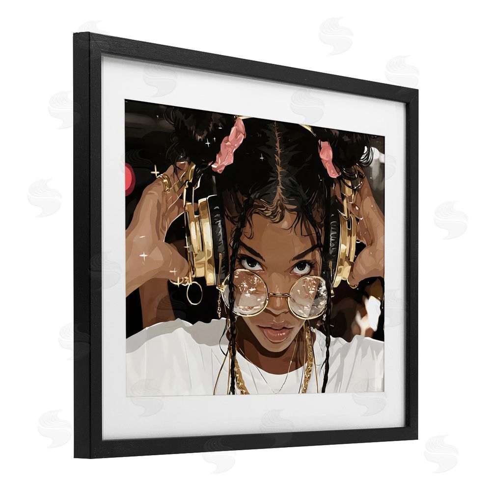 Franklyn Gregory Trendy Girl with Gold Headphones Black Framed Print Under Glass with White Mat Wall Art