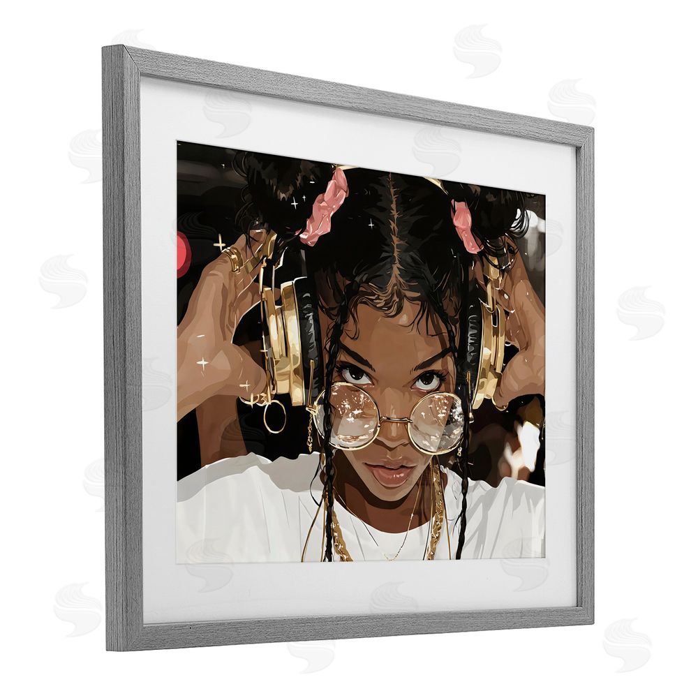 Franklyn Gregory Trendy Girl with Gold Headphones Gray Framed Print Under Glass with White Mat Wall Art