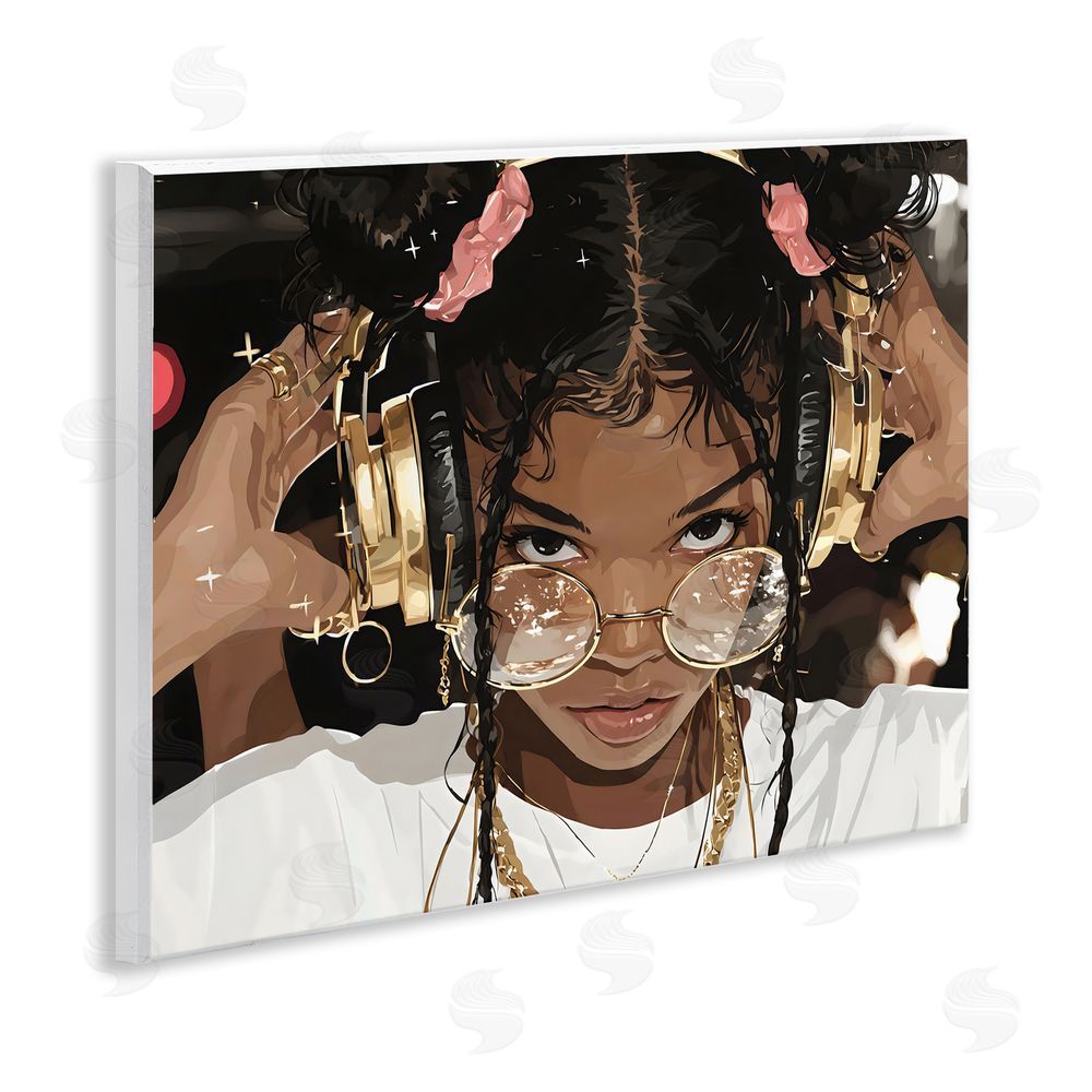 Franklyn Gregory Trendy Girl with Gold Headphones Wall Plaque Printed Art