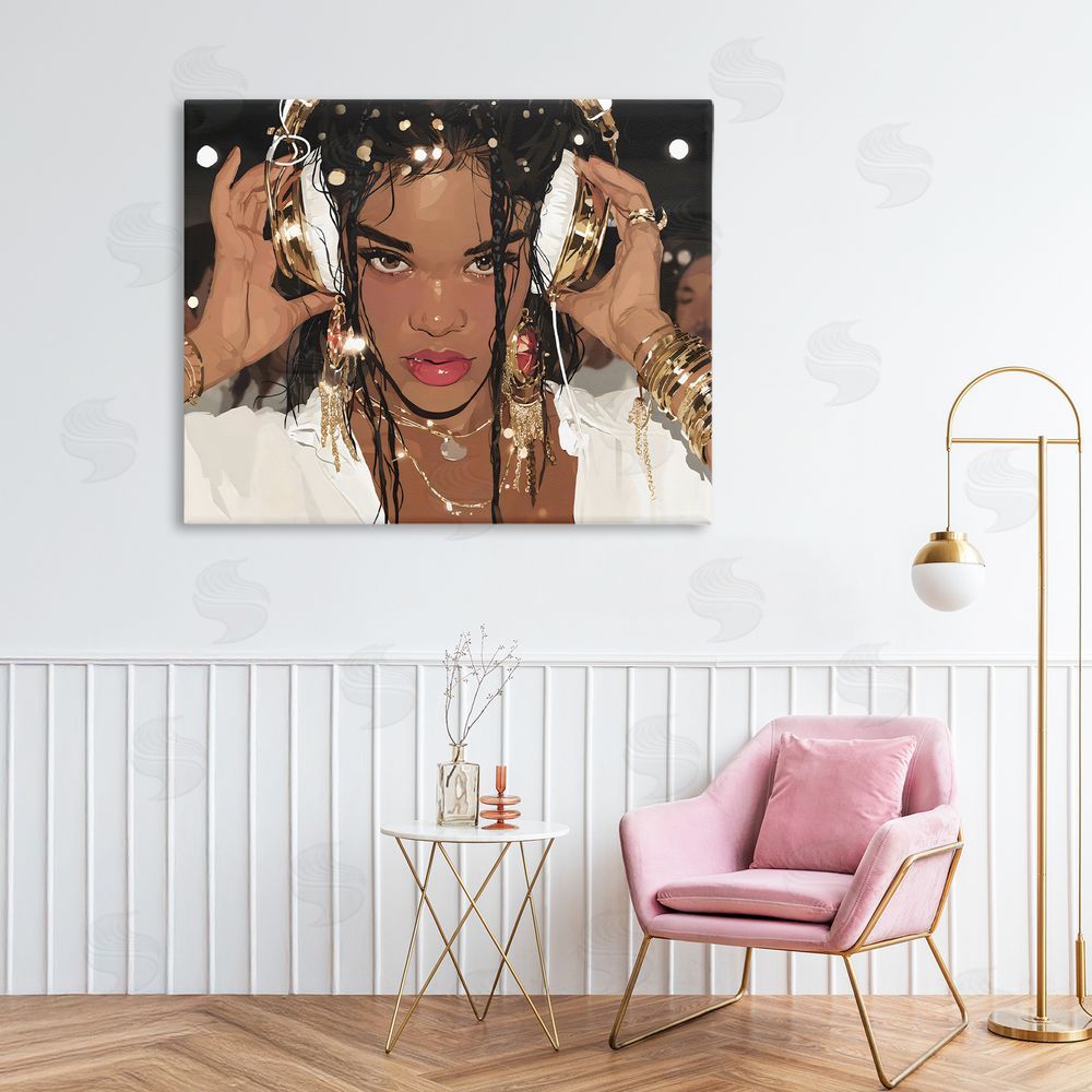 Franklyn Gregory Gold Headphones Glam Female Stretched Canvas Wall Art in Room