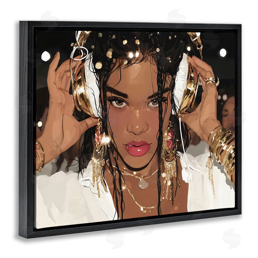 Franklyn Gregory Gold Headphones Glam Female Black Floating Framed Canvas Wall Art